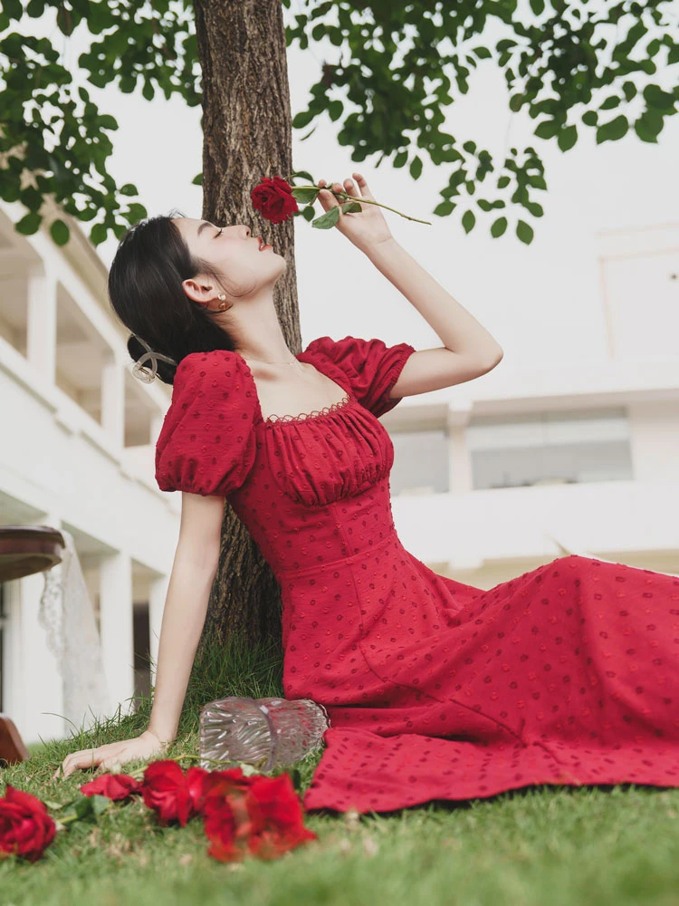 sweet rose red Chinese dress