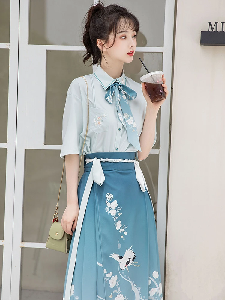 Modern Ming Style Mamian Costume Girl Blue Hanfu Dress
