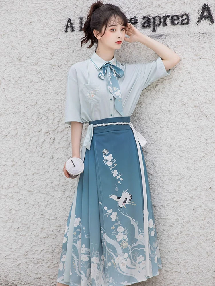 Modern Ming Style Mamian Costume Girl Blue Hanfu Dress