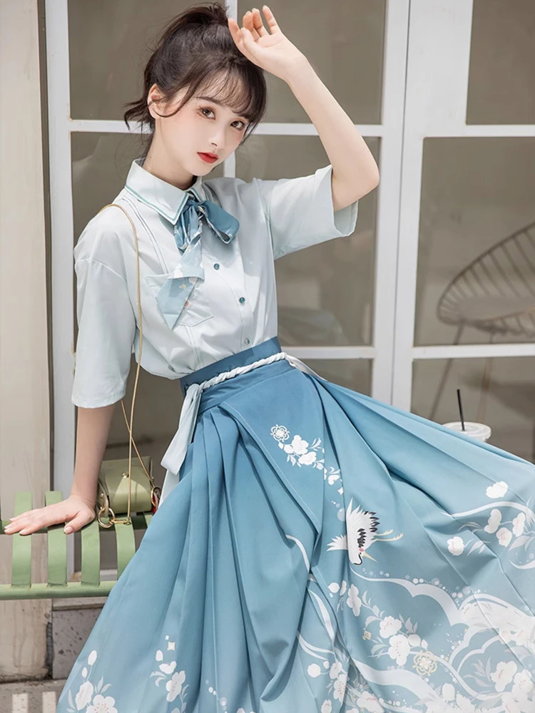 Modern Ming Style Mamian Costume Girl Blue Hanfu Dress