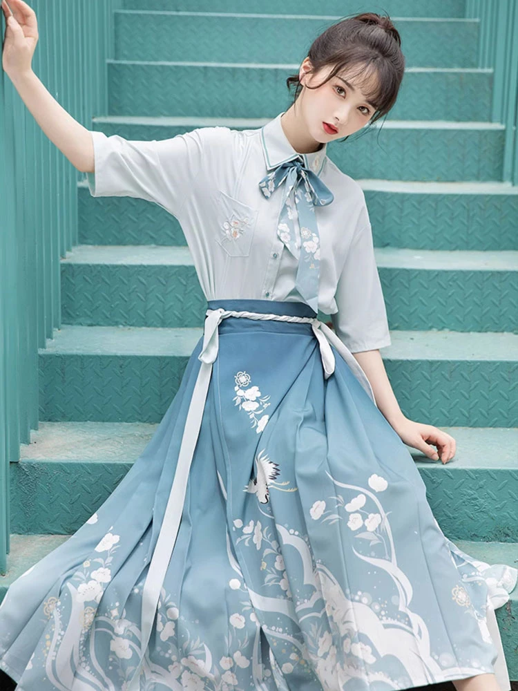 Modern Ming Style Mamian Costume Girl Blue Hanfu Dress