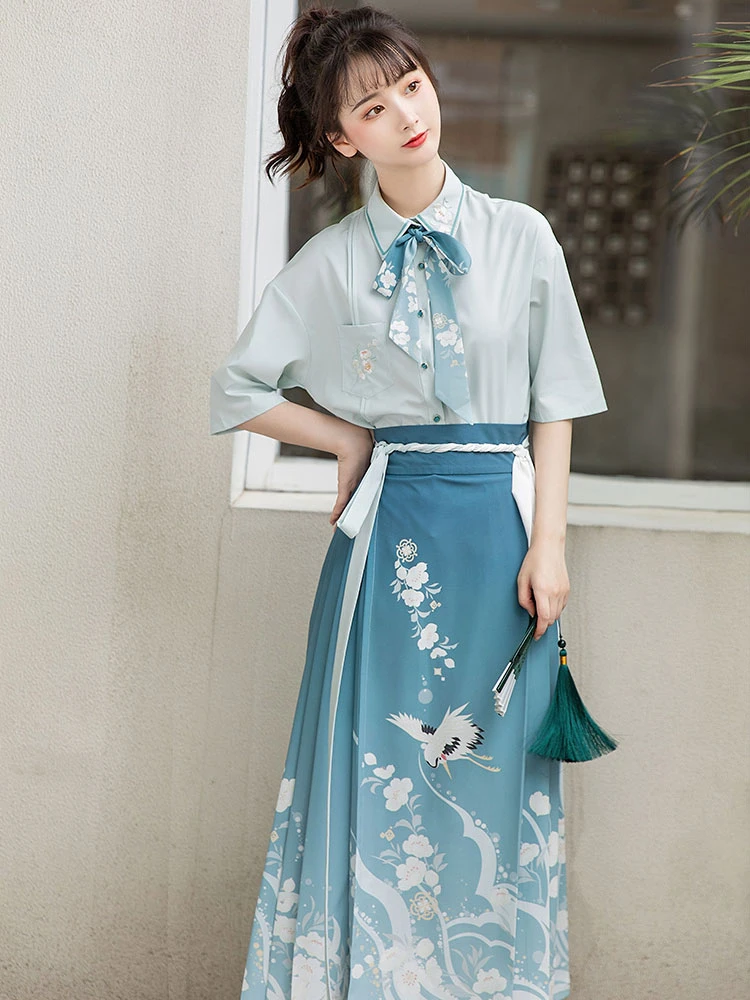 Modern Ming Style Mamian Costume Girl Blue Hanfu Dress