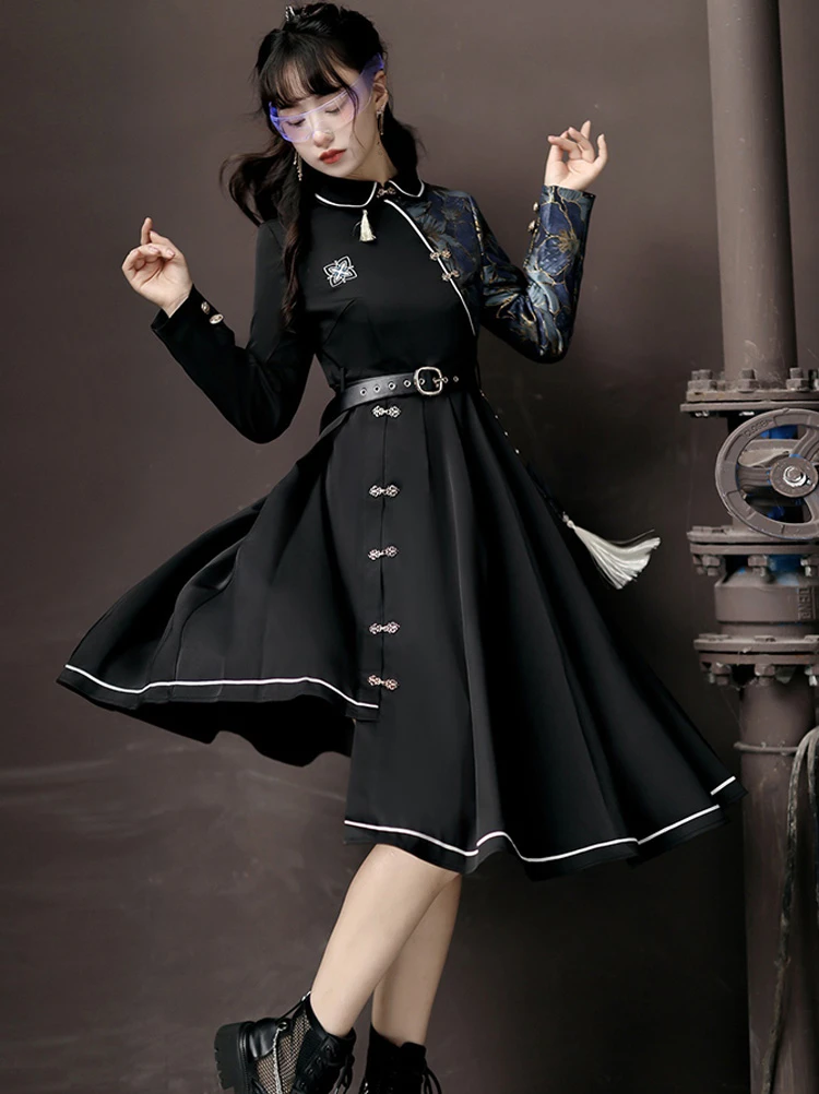Modern Women Hanfu Modified Black Dresses New Street Fashion