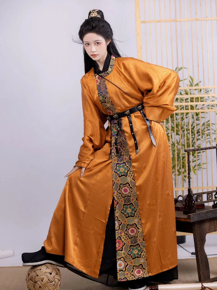 Orange Tang Dynasty Round Neck Robe Dunhuang Style Handsome Hanfu