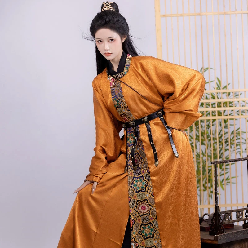 Orange Tang Dynasty Round Neck Robe Dunhuang Style Handsome Hanfu