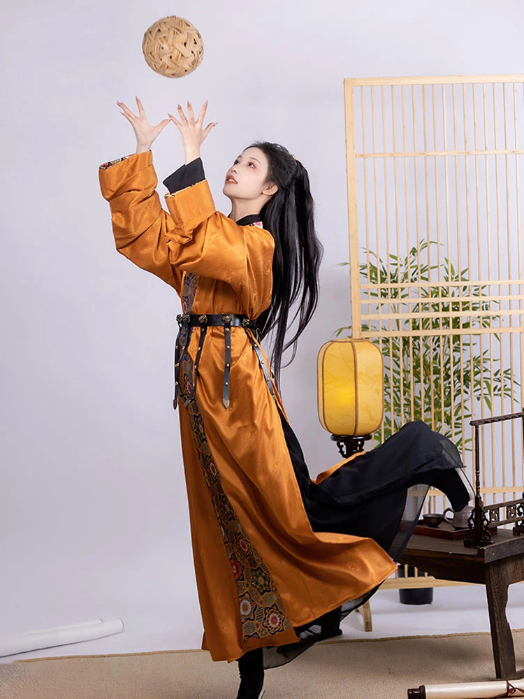 Orange Tang Dynasty Round Neck Robe Dunhuang Style Handsome Hanfu