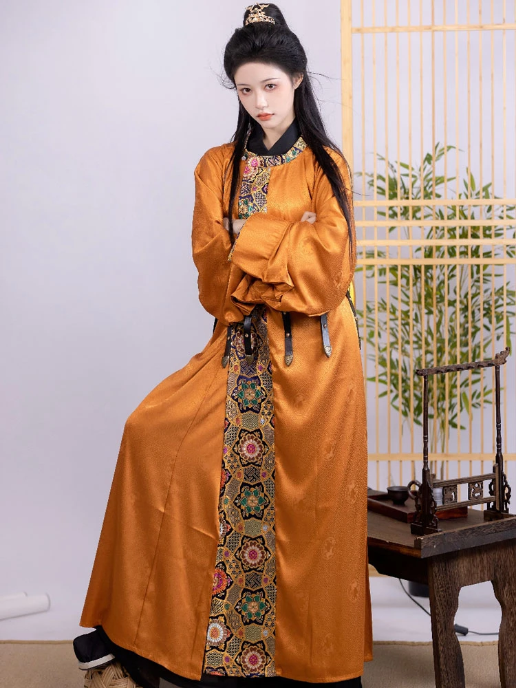 Orange Tang Dynasty Round Neck Robe Dunhuang Style Handsome Hanfu