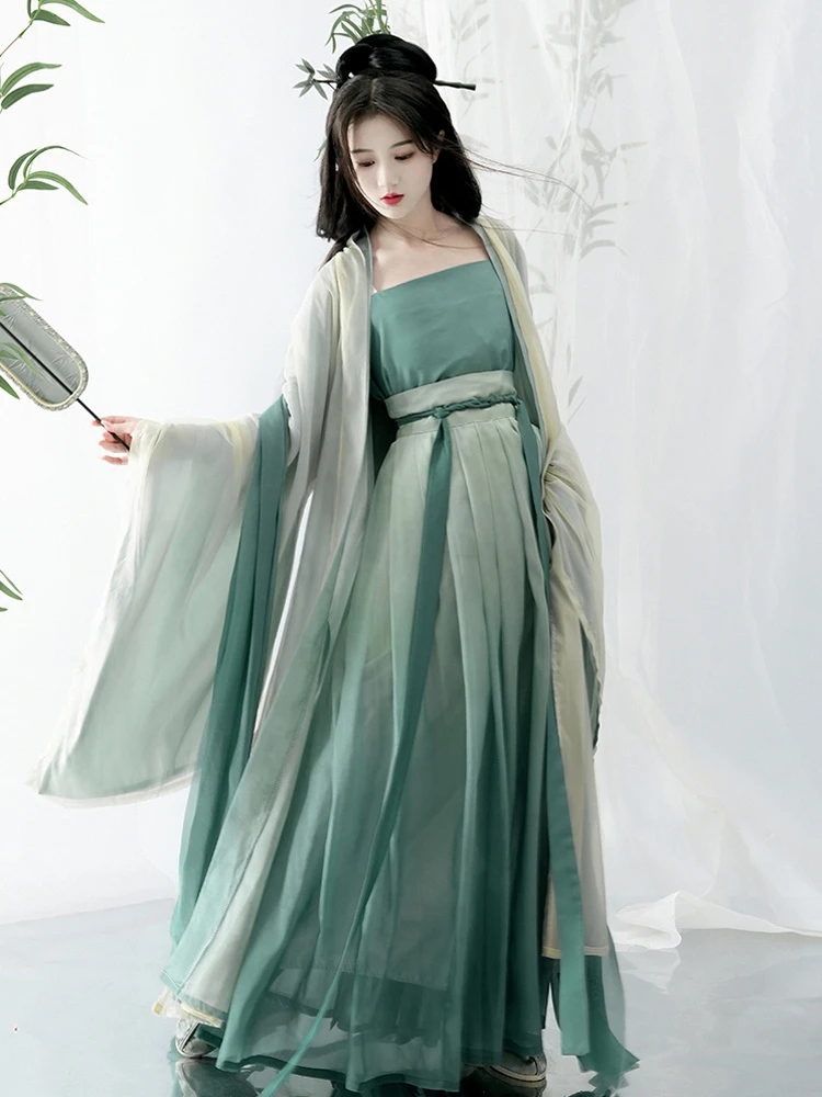 Summer Song Dynasty Fairy Women's Pleated Dress Large Sleeve Green Hanfu Set