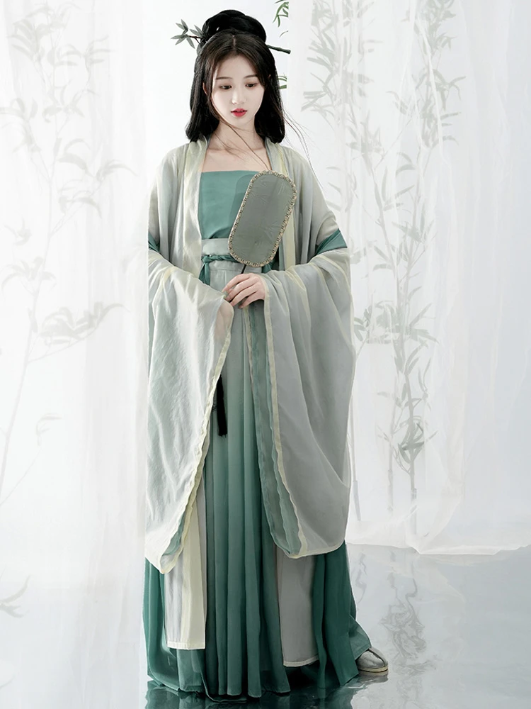 Summer Song Dynasty Fairy Women's Pleated Dress Large Sleeve Green Hanfu Set