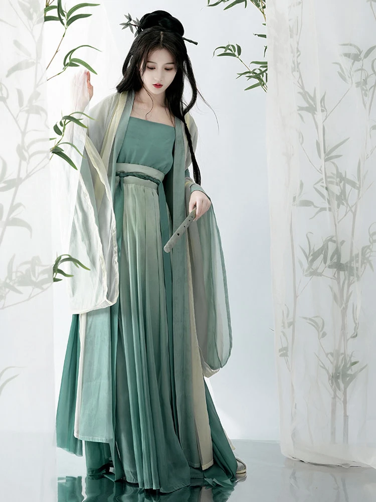 Summer Song Dynasty Fairy Women's Pleated Dress Large Sleeve Green Hanfu Set