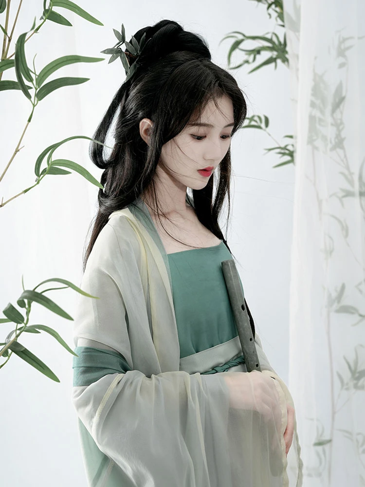 Summer Song Dynasty Fairy Women's Pleated Dress Large Sleeve Green Hanfu Set