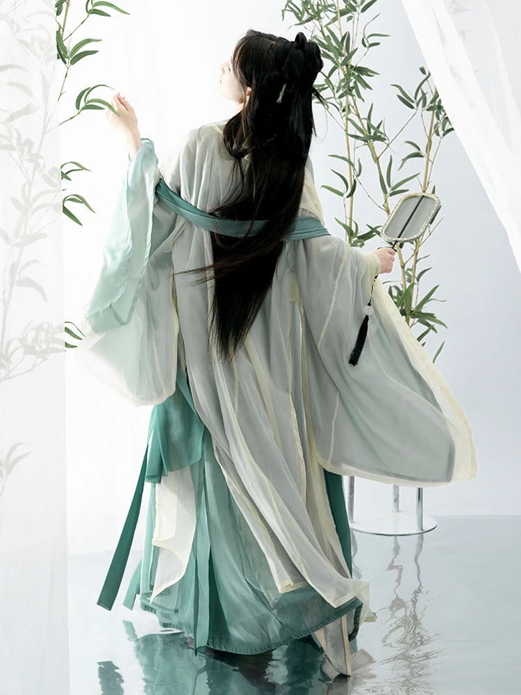 Summer Song Dynasty Fairy Women's Pleated Dress Large Sleeve Green Hanfu Set