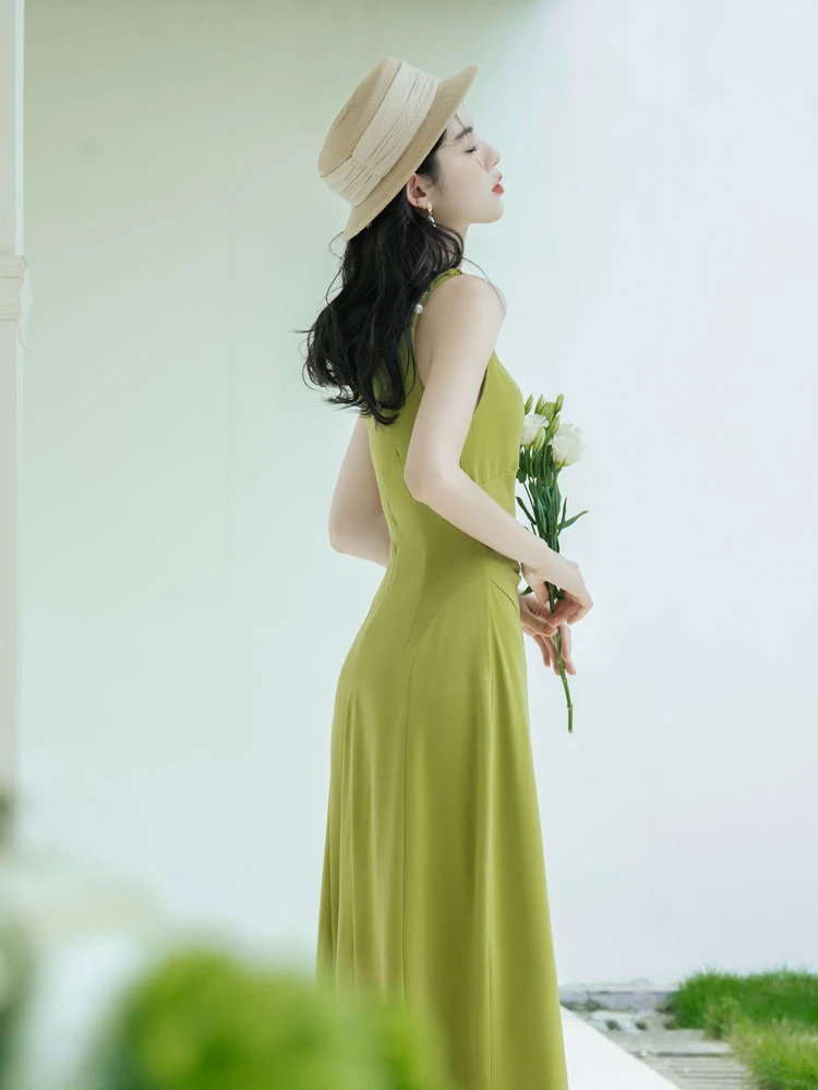 green mustard women Chinese dress