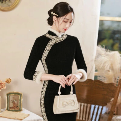 velvet qipao winter black modern cheongsam dress newhanfu