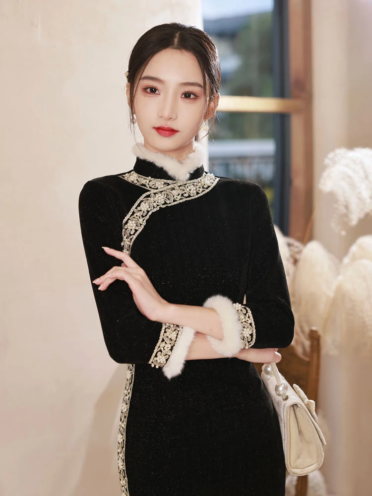 Velvet Chinese Ao dai, midi velvet Qipao, velvet midi black Ao dai