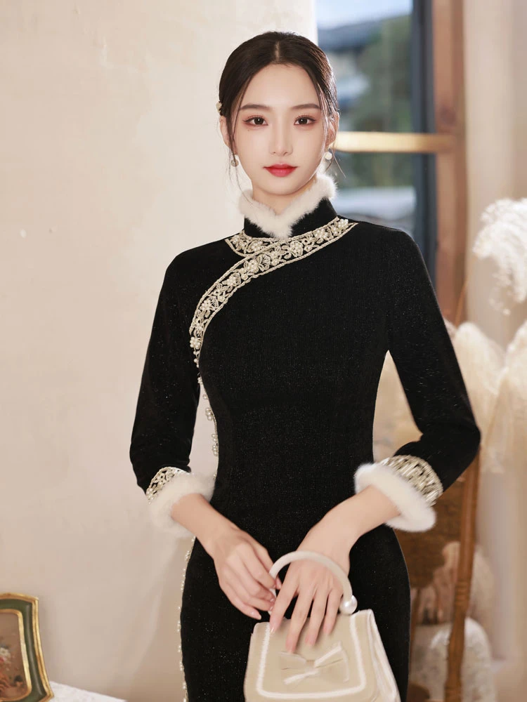 velvet qipao winter black modern cheongsam dress newhanfu