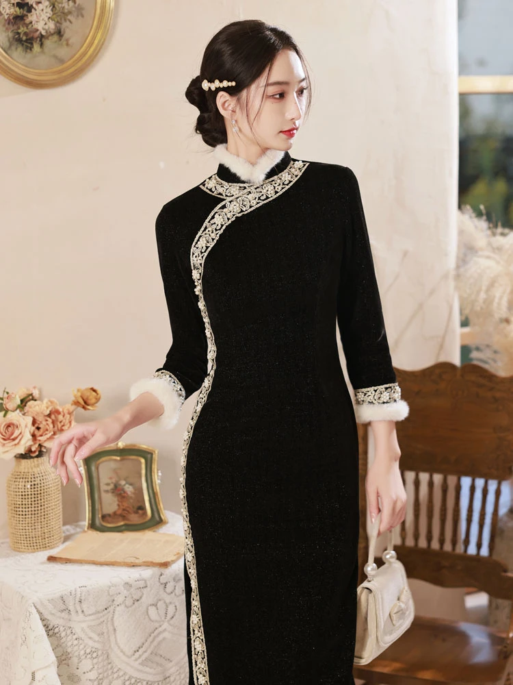 velvet qipao winter black modern cheongsam dress newhanfu