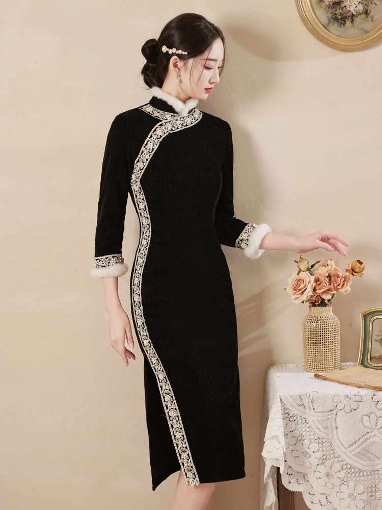 velvet qipao winter black modern cheongsam dress newhanfu