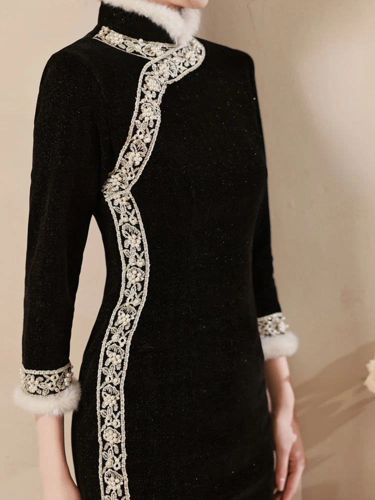 velvet qipao winter black modern cheongsam dress newhanfu