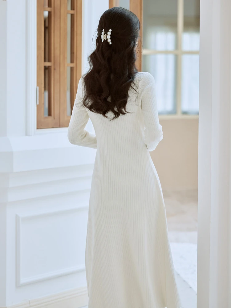 Knitted White Cheongsam Winter Women Chinese-style Dress