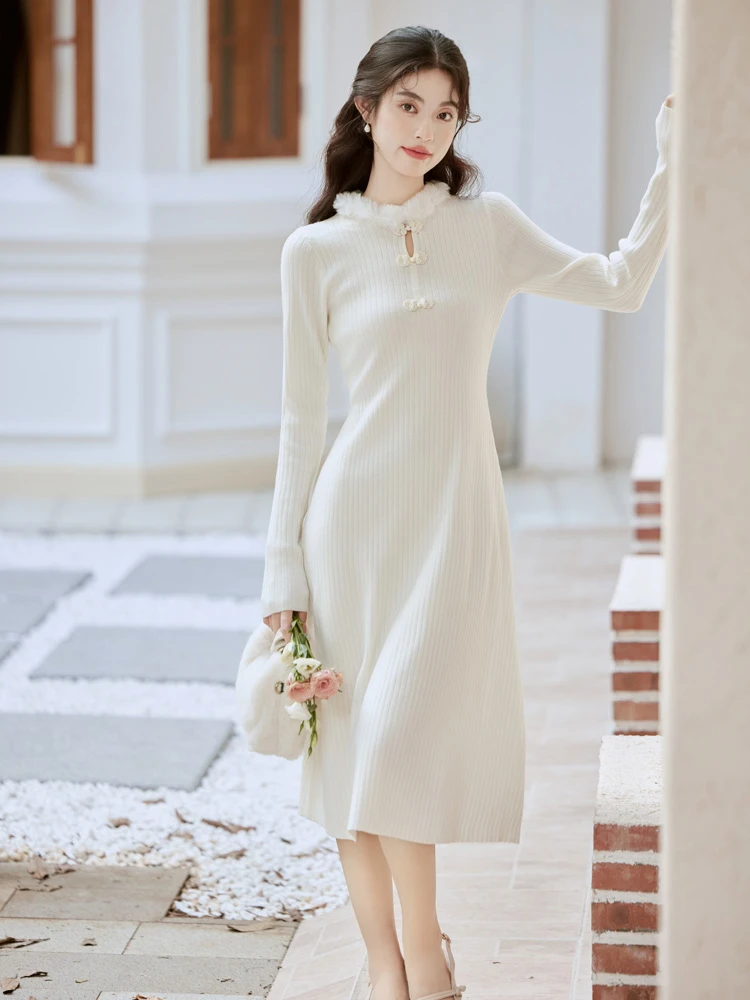 Knitted White Cheongsam Winter Women Chinese-style Dress - Newhanfu
