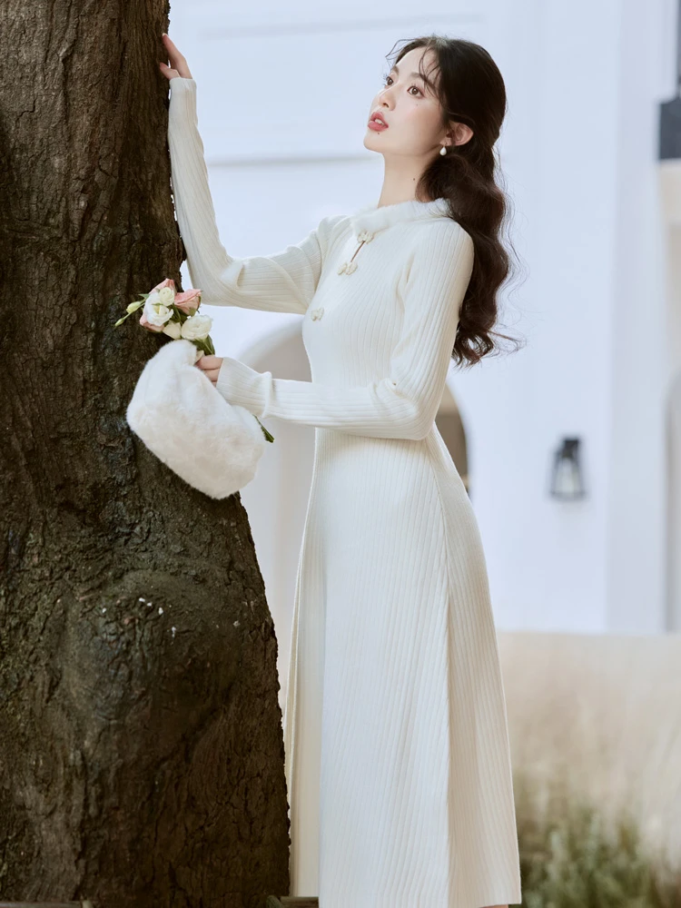Knitted White Cheongsam Winter Women Chinese-style Dress