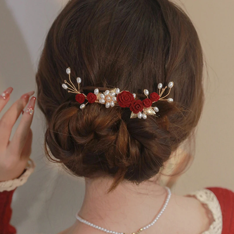 Red Rose Hair Clips Classical Cheongsam Wedding Accessories