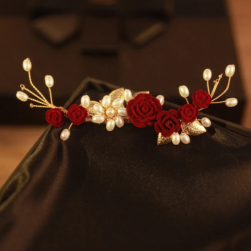 Red Rose Hair Clips Classical Cheongsam Wedding Accessories - Newhanfu