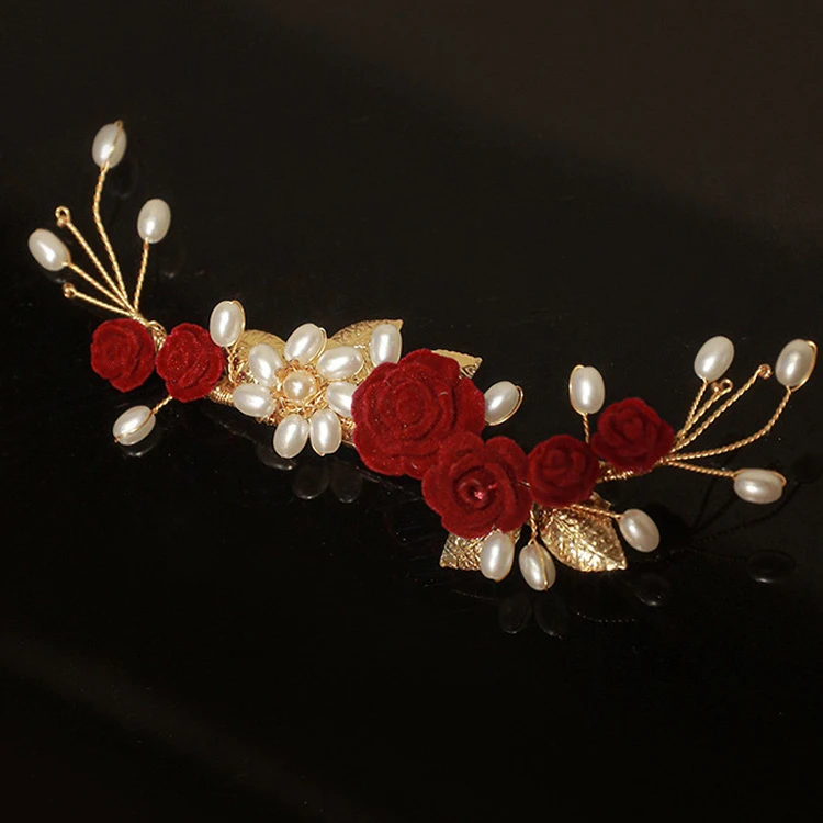 Red Rose Hair Clips Classical Cheongsam Wedding Accessories