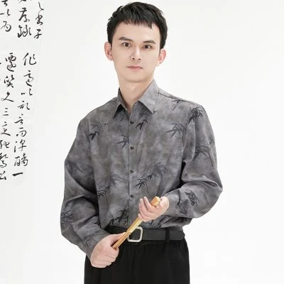 Men Vintage Shirt Chinoiserie Bamboo Clothing