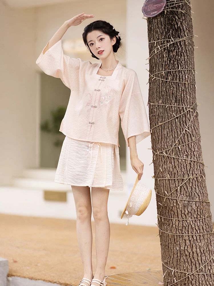 Summer Pink Hanfu Set Ming Short Ma Mian Skirt