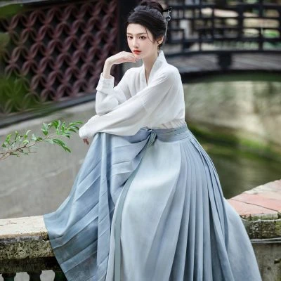 Women Casual Hanfu Suit Blue Mamian Skirt Daily Style