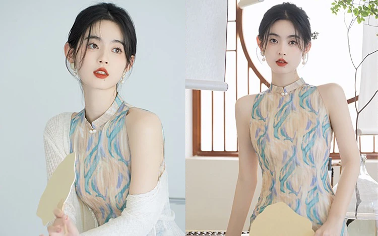 Girls Fashion Cheongsam New Chinoiserie Sleeveless Dress Oil Painting Style