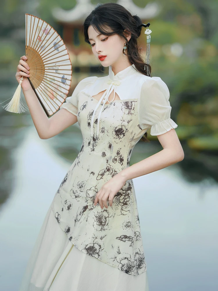Chinoiserie Vintage Cheongsam Ink Casual Spring Qipao Dresses 
