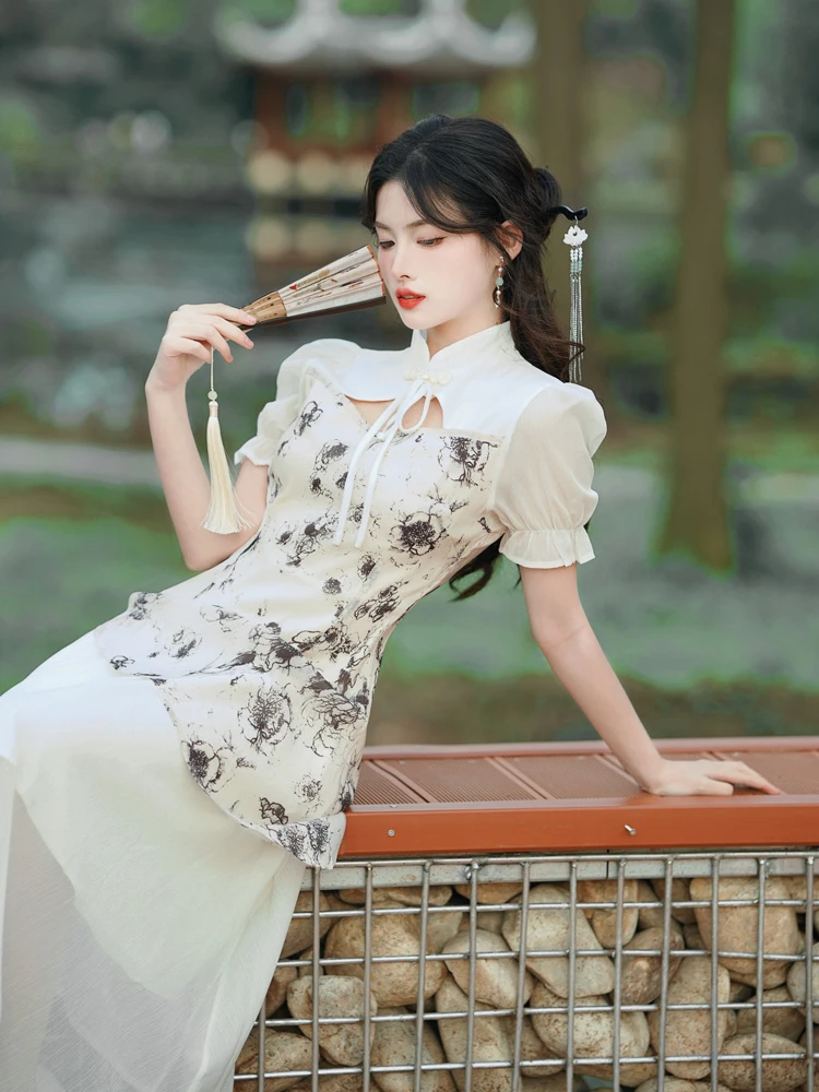 Chinoiserie Vintage Cheongsam Ink Casual Spring Qipao Dresses