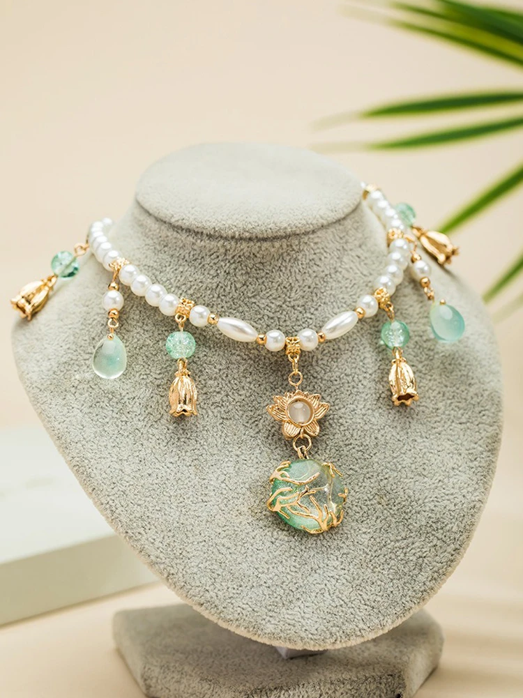 Hanfu Necklace Water Drops Green Women Pearl Ying Luo Accessories
