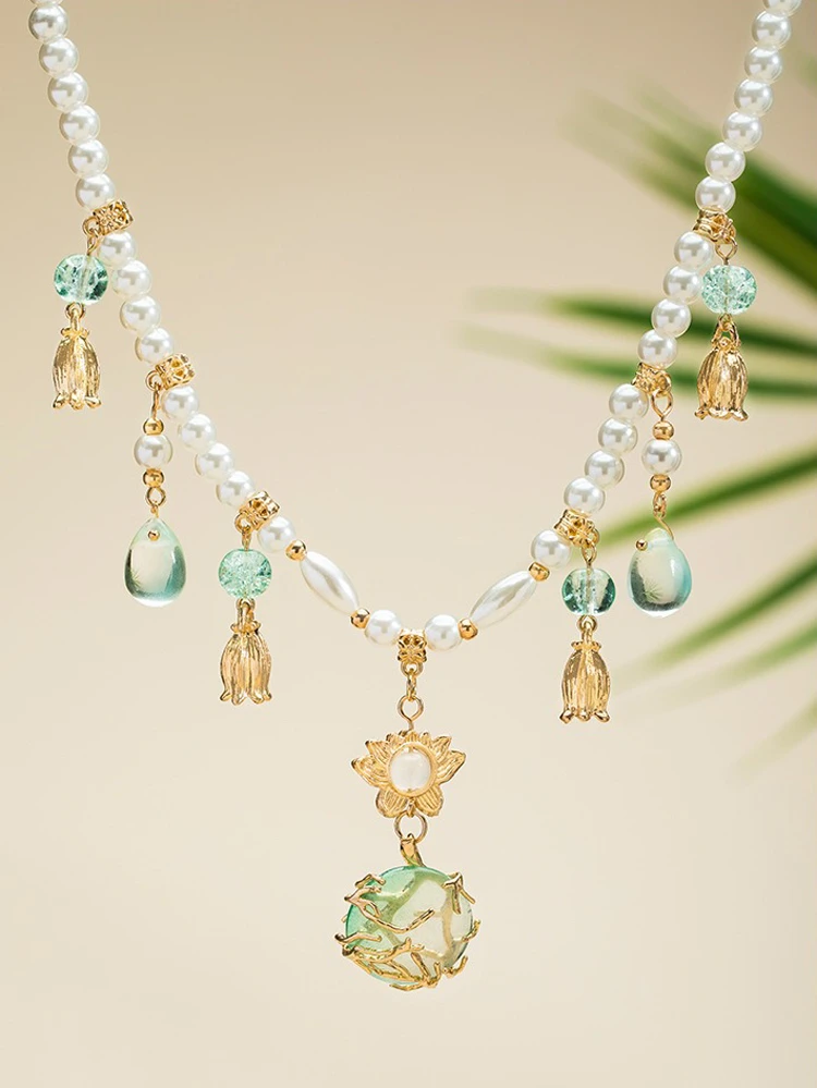 Hanfu Necklace Water Drops Green Women Pearl Ying Luo Accessories