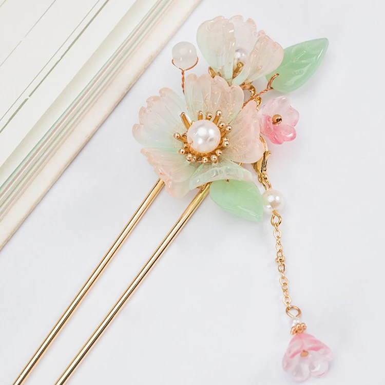 Ladies Hairpin Classical Pink Flower Buyao Tassel Hair Pin Accessories