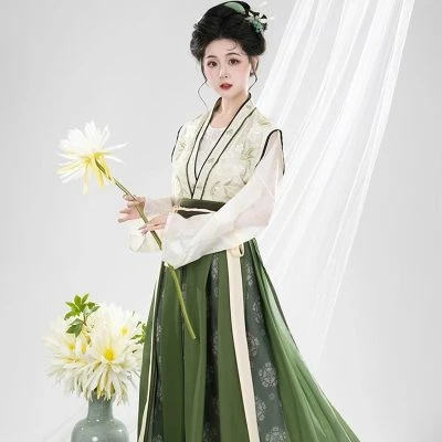 Tang Dynasty Hanfu Women's Qiyao Ruqun Set Daily Green Vintage Dress