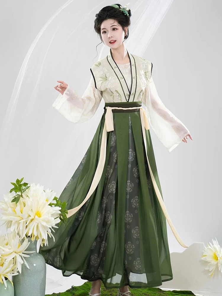 Tang Dynasty Hanfu Women's Qiyao Ruqun Set Daily Green Vintage Dress