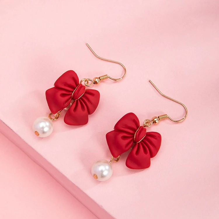 Girls Bow Earrings Hanfu Pearls Red Ear Clips