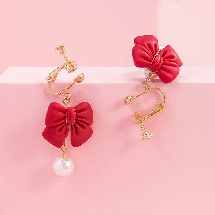 Girls Bow Earrings Hanfu Pearls Red Ear Clips