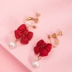 Girls Bow Earrings Hanfu Pearls Red Ear Clips