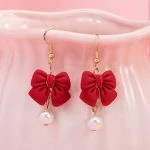 Girls Bow Earrings Hanfu Pearls Red Ear Clips