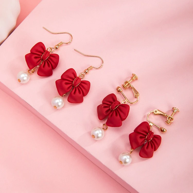 Girls Bow Earrings Hanfu Pearls Red Ear Clips