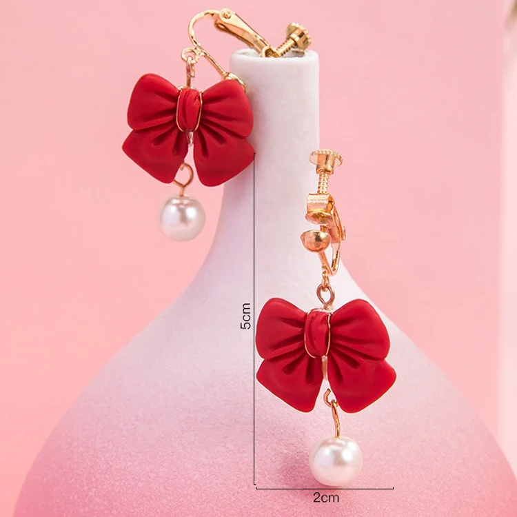 Girls Bow Earrings Hanfu Pearls Red Ear Clips