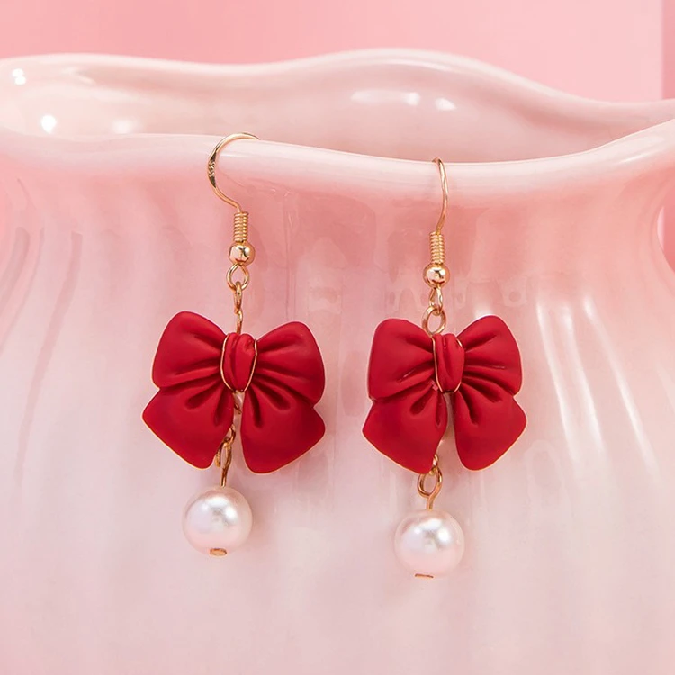 Girls Bow Earrings Hanfu Pearls Red Ear Clips