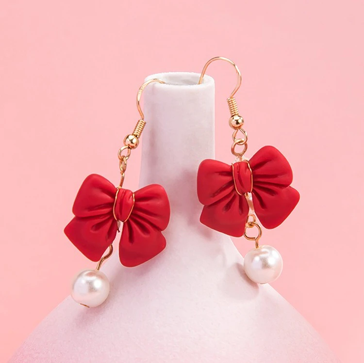 Girls Bow Earrings Hanfu Pearls Red Ear Clips