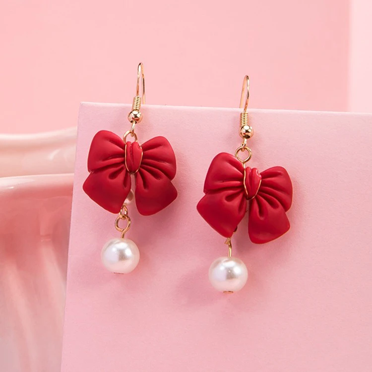 Girls Bow Earrings Hanfu Pearls Red Ear Clips