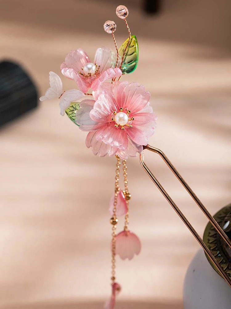 Hanfu Hairpin Ladies Pink Tassel Buyao Cheongsam Headpiece